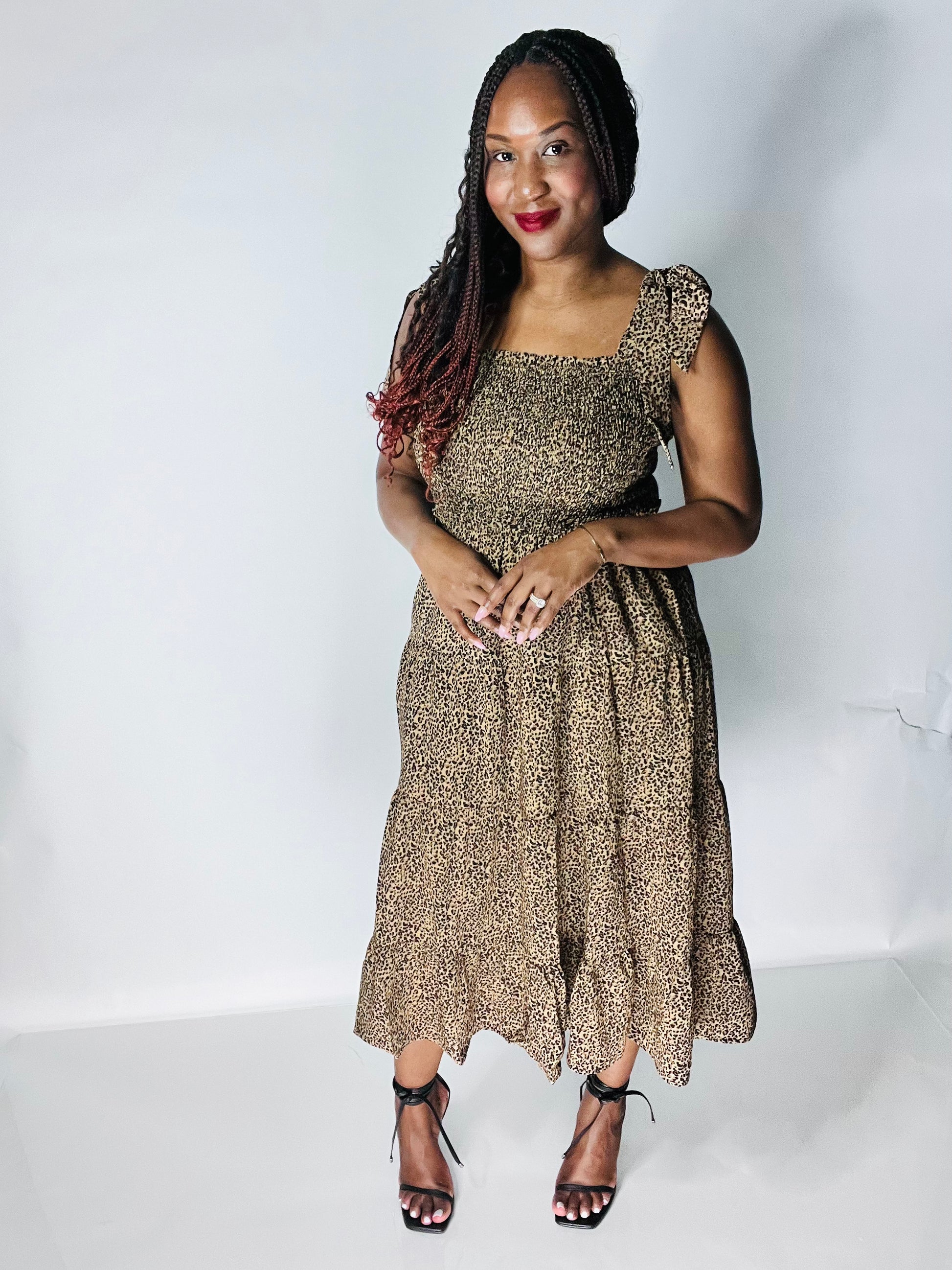 tier dress midi Sleeveless Printed Tiered Midi Dress with Shoulder Tie