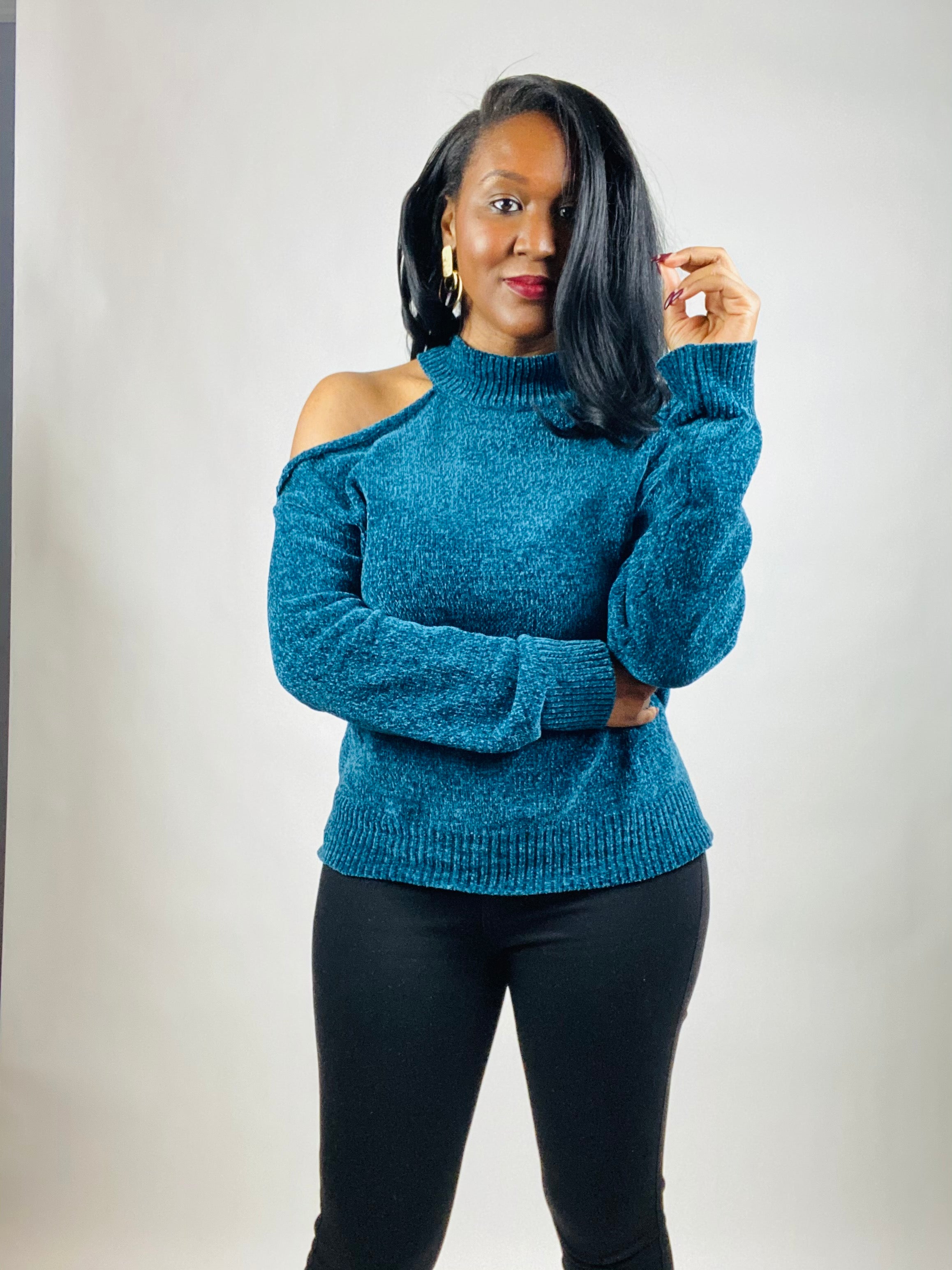 Blue cold shoulder sweater best sale